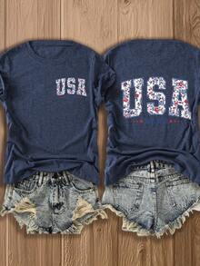 Women's American Flag Patriotic T-Shirt, Double Sided Print Cotton Blend Tee, Perfect 4th Of July & Independence Day Outfit - 藏蓝色 - 查看 1
