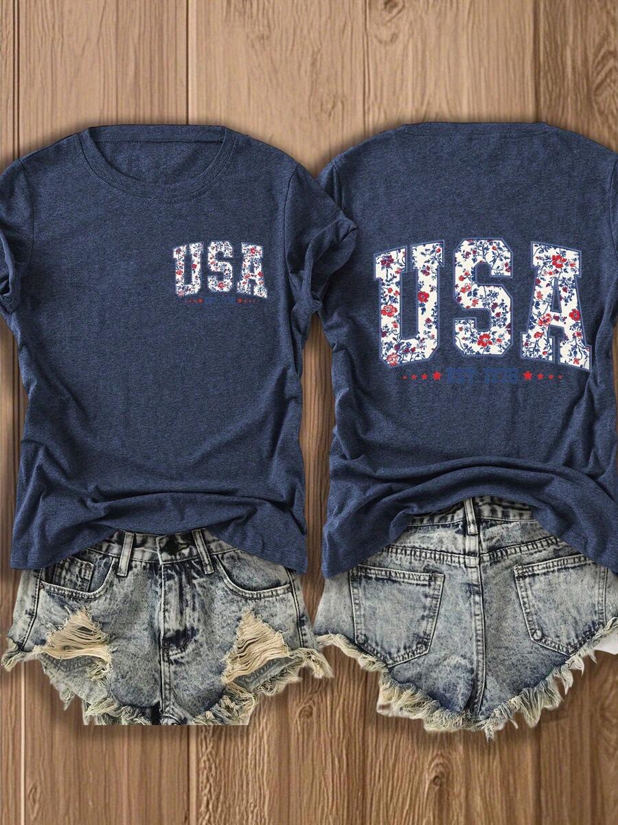 Women's American Flag Patriotic T-Shirt, Double Sided Print Cotton Blend Tee, Perfect 4th Of July & Independence Day Outfit - 藏蓝色 - 查看 1