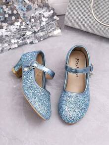 1 Đôi Giày Cao Gót Lấp Lánh Thời Trang Cho Bé Gái, Giày Biểu Diễn Khiêu Vũ Mũi Tròn Đế Bằng, Giày Công Chúa, Hàng Mới Về - Màu xanh lam - Xem 4