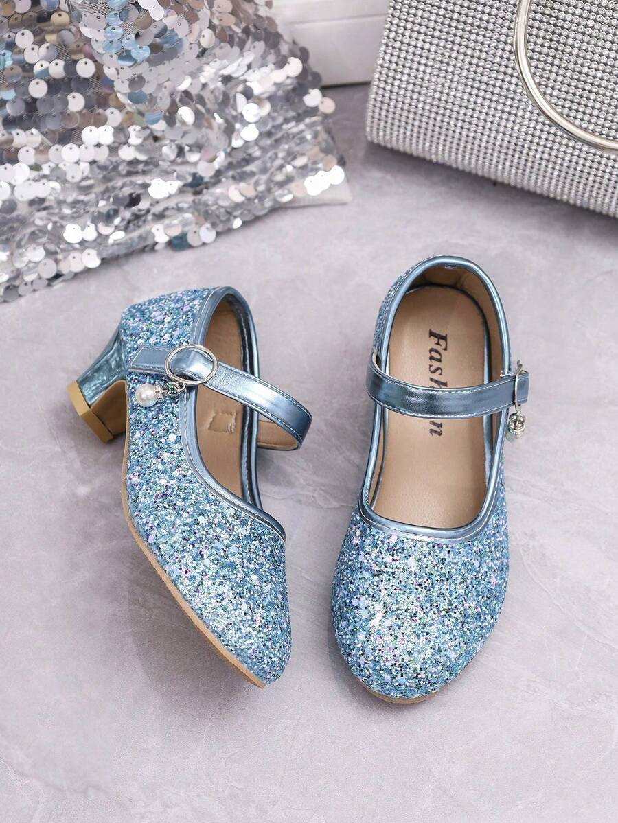 1双女童时尚闪亮高跟鞋，圆头平底舞蹈表演鞋，公主鞋，新品上市 - 藍色 - 查看 1
