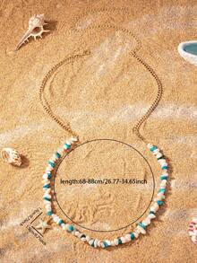 1pc Bohemian Style White Turquoise Shell Decor Waist Chain, Golden Starfish Waist Accessory, Suitable For Swimwear And Vacation In Summer - Multicolor - View 4