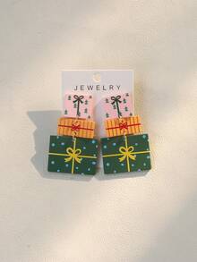 1 Pair Cute Gift Box & Cartoon Doodle Layered Acrylic Drop Earrings, Party Gift For Women - Green - View 6