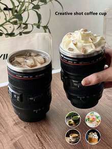 400ml Stainless Steel Travel Coffee Mug With Lid, Camera Lens Shaped, Black Couple Design, Ideal Gift For Photography Enthusiasts - Black - View 10
