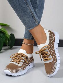 女士新款夏季厚底运动鞋，轻便透气休闲系带鞋 - 卡其色 - 查看 5