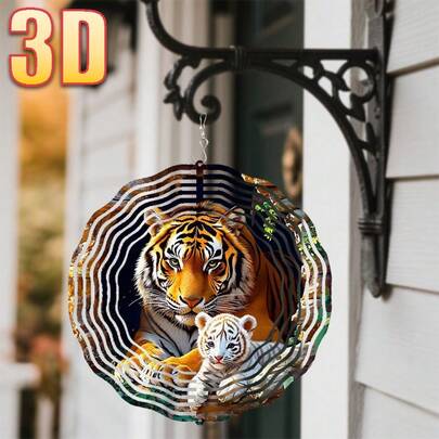1pc 3D "Tiger Resting Elegantly In Cave" Rotating Hanging Decoration, 10in*10in, Creative Wind Chime For Spring/Summer Patio Or Garden (Pendant Not Included, Random Style)