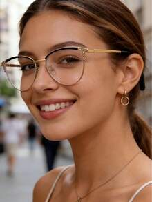 1件裝女款高端鑲鑽紋理雙色金屬貓眼鏡框，電腦鏡，適合多種場合配戴 - 彩色 - 查看 5