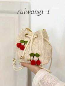 草莓时尚新款单肩斜挎包手提包通勤包抽绳水桶包简约樱桃单肩包，夏季草编包 - 米色 - 查看 12