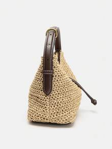 草编拉链水桶包、斜挎包、夏季沙滩编织单肩包、手提包、设计师沙滩包，适合度假、工作、夏季假期 - 米色 - 查看 5