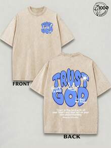Plus-Size Christian Graphic T-Shirts For Men – "TRUST GOD", Colorful Graphic T-Shirts, Washed Vintage T-Shirts, Oversized Men's T-Shirts, 230g 100% Cotton, Unisex Tops, Summer Tops Plus Size, Summer Men's Street Style T-Shirts, Christian T-Shirts. - 杏色 - 查看 4