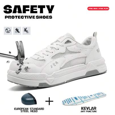 Giày bảo hộ unisex, giày động ngoài trời có mũi thép, giày thể thao cổ thấp mùa xuân/hè, giày bảo hộ chống va đập và chống đâm xuyên, thoáng khí và thoải mái, màu đen, trắng, thích hợp cho công việc xây dựng, công nghiệp ngoài trời.