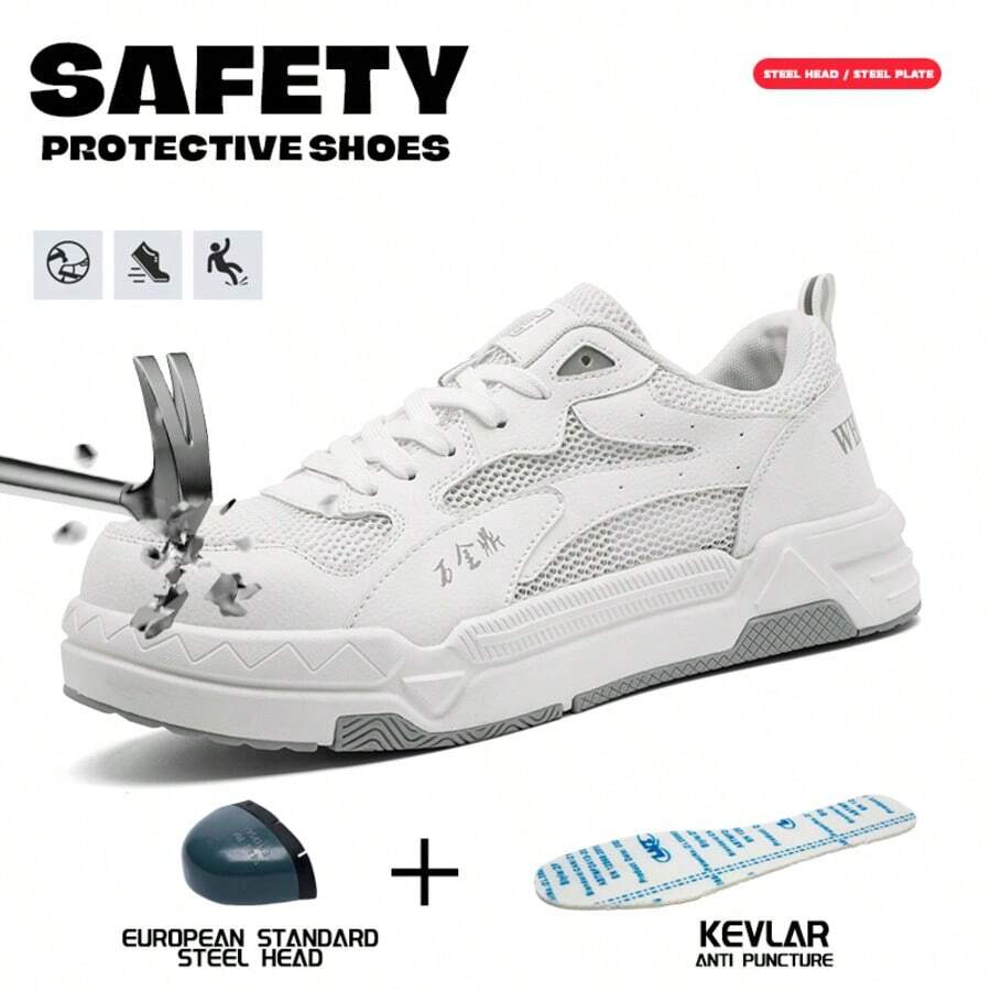 男女通用安全鞋，户外工作鞋，钢头设计，低帮春夏运动鞋，防压防刺穿工作安全鞋，透气舒适，黑色、白色可选，适用于户外工业建筑劳务防护。 - 白色 - 查看 1