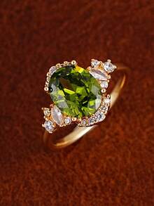 1 chiếc nhẫn đá Cubic Zirconia màu xanh ô liu lấp lánh, thanh lịch, thích hợp cho nữ đeo hàng ngày, lễ đính hôn, đám cưới, hoặc làm quà tặng thời trang dịp lễ. - Vàng - Xem 4