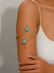 1pc Fashionable Personalized Double-Head Micro-Inlaid Blue Faux Turquoise Decor Open Adjustable Metal Cuff Bracelet Suitable For Music Festivals, Dances, Parties - Gold - View 1
