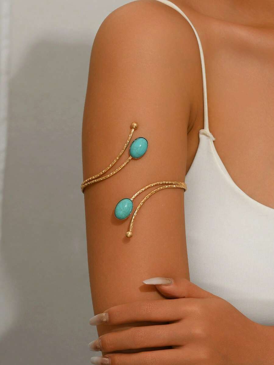 1pc Fashionable Personalized Double-Head Micro-Inlaid Blue Faux Turquoise Decor Open Adjustable Metal Cuff Bracelet Suitable For Music Festivals, Dances, Parties - Gold - View 1