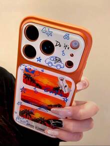 橙色日落棕榈树图案手机壳，适用于 17 Pro Max、16、15 Pro，防摔保护壳，创意情侣设计，高端质感 - 橘色 - 查看 3