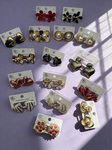 16对复古镀金不锈钢耳环——经典花朵、珍珠和几何图案，适合日常佩戴和派对场合 - 耳環 - 查看 7