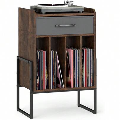 Record Player Stand, 2-Tier Turntable Stand With Fabric Drawer, Open Vinyl Storage And Display Shelf, Modern Wood Record Stand, Vinyl Record Storage For Living Room, Media Room (Rustic Brown)
