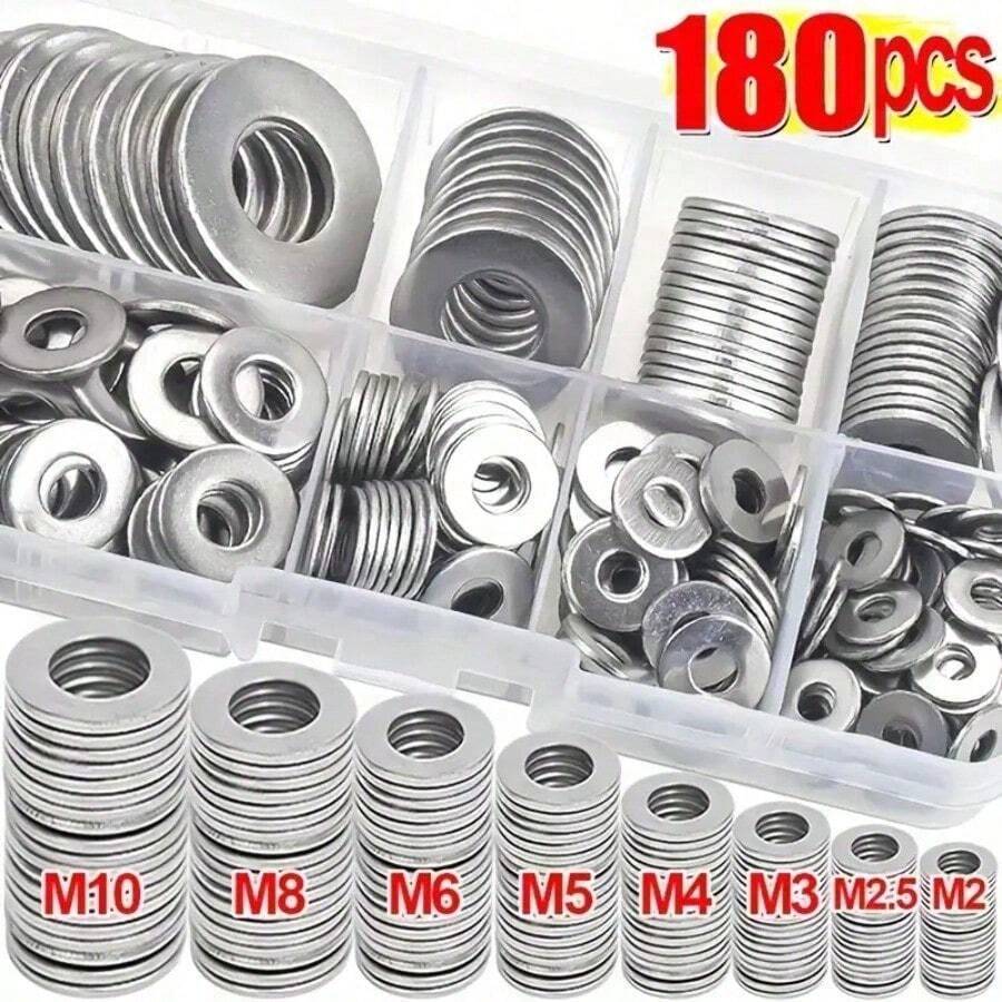 180 件套五金垫圈分类工具套装 - 耐用抛光表面,尺寸 M2-M10,适用于家居装饰和厨房维护,包含收纳盒,完美满足工业维修和日常需求,门铰链垫圈套装 - A - 查看 1