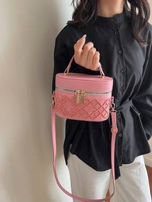 Women's Handbag, Fashionable Rhombus Embroidered Bag, Zipper Flap Cosmetic Bag, Stylish Versatile Small Shoulder Bag - Pink - View 2