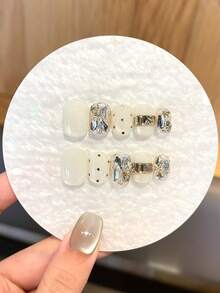 10PCS [ Tender Tofu ] Handmade Pressed White Polka Dot Diamond High Texture Explosive Pure Handmade Wearable Nail Suitable For Girls And Ladies To Wear At Ball Parties. The Pressed Square Nail Comes With Jelly Glue And Rubbing Strips As A Gift - Multicolor - View 13