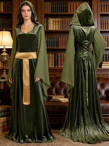 中世纪文艺复兴时期天鹅绒女巫长袍，绿色连帽系带拖尾连衣裙，哥特式天鹅绒女巫服装，连帽喇叭袖及地长裙，春季款 - 綠色 - 查看 5