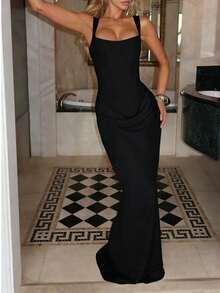 Cornelia 女士性感吊带紧身连衣裙，夏季垂褶长裙，黑色蕾丝系带露背优雅生日派对鸡尾酒礼服 - 黑色 - 查看 10