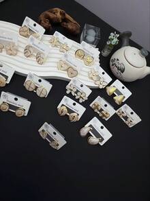 16 Pieces Of Stainless Steel "Light Wind" White Enamel Earrings, Featuring Golden Textures, With Various Elements Such As Simple Heart Shapes And Leaf Shapes, Etc. As The Design Of The Earrings, Suitable For Women To Wear (Random Shipment) - Multicolor - View 4