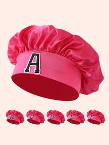 1pc A-Z Letter Satin Elastic Wide Brim Hat For Kids - Tight Sleeping Cap, Hair Care Design, Soft Breathable Structure With Anti-Slip Lining - Black Label - Rose Red Cap - View 1