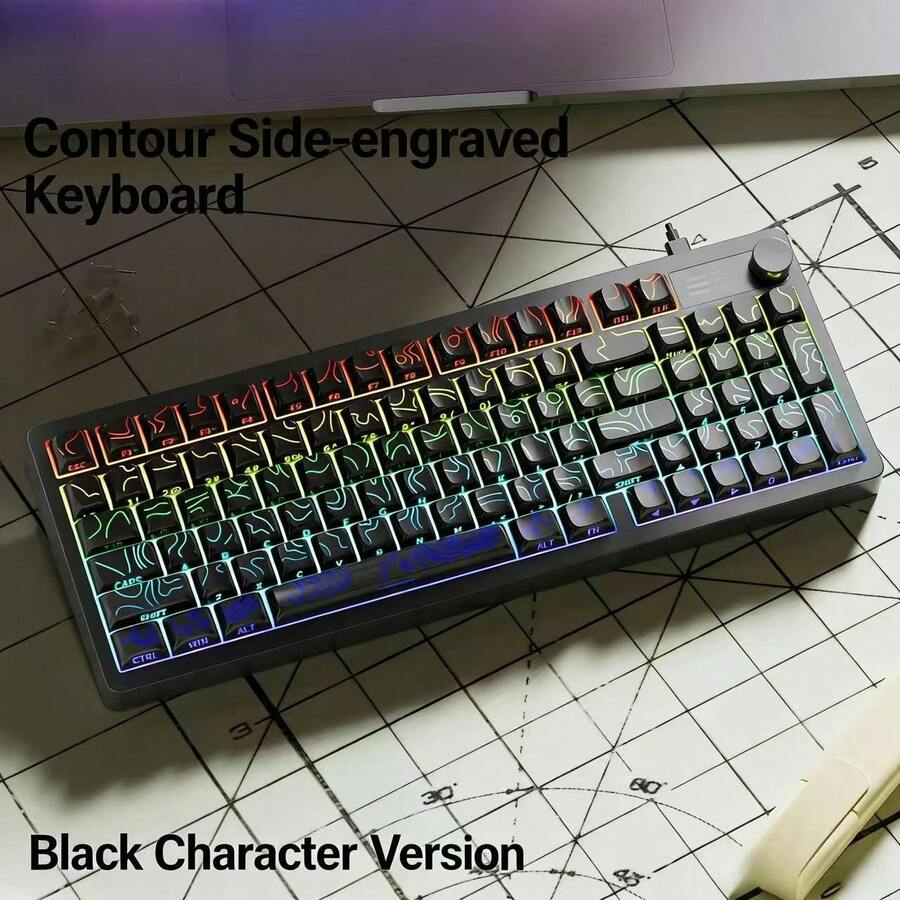 Retro Contour Side-Engraved Mechanical Keyboard, RGB Backlit Wired Keyboard With Multifunctional Knob, Ergonomic Gaming Keyboard For PC Laptop, Black - Xem 1