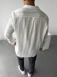 WAIT HIM 100% Cotton Men's Casual Jacquard Long Sleeve Shirt - White - View 4