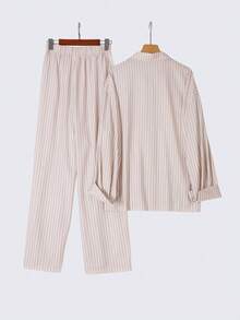 PARARAL 大码女装时尚度假条纹刺绣长袖衬衫和阔腿裤休闲两件套，女士度假装，女士春季休闲套装，女士杏色条纹套装，女士夏季日常优雅穿着 - 杏色 - 查看 9