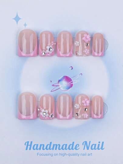 10pcs Square Shaped Handmade Nail Tips, Y2K Girly Style, Nude & White Nail Plates With French Tips, Rhinestones, Bow Decor, Suitable For Parties, Weddings, Daily Wear, Includes Nail Tools, Great Gift For Women & Girls Nails Nail Supplies Handmade Press On Nails