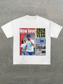 Vintage Newspaper Graphic Print Tee Casual Soft Short Sleeve Pure Cotton 220gsm T-Shirt - 白色 - 查看 1