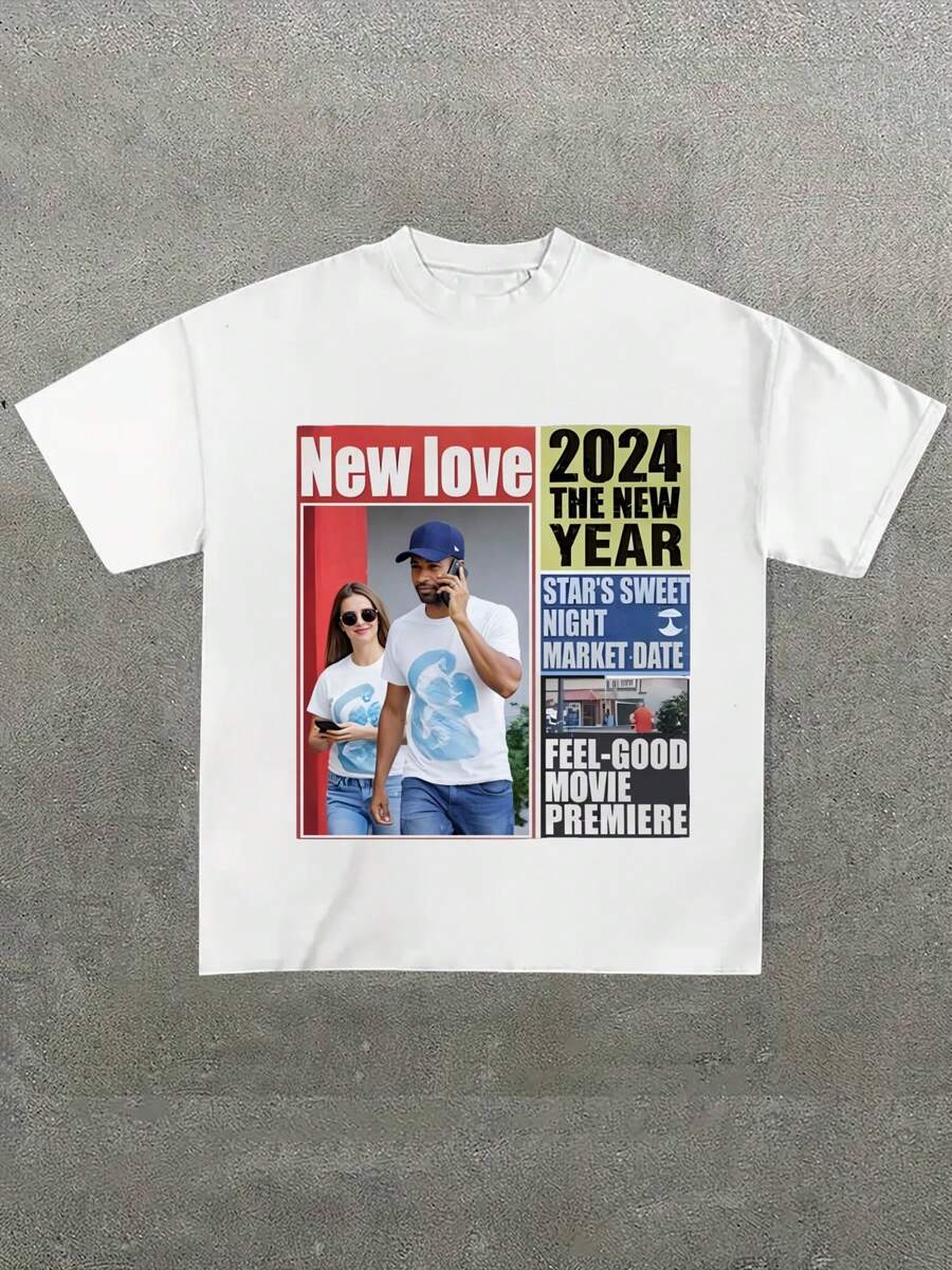 Vintage Newspaper Graphic Print Tee Casual Soft Short Sleeve Pure Cotton 220gsm T-Shirt - 白色 - 查看 1