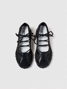 MASKERT 女士休闲鞋、运动鞋、系带芭蕾平底鞋、网面鞋、软底舒适日常穿着 - 黑色 - 查看 4