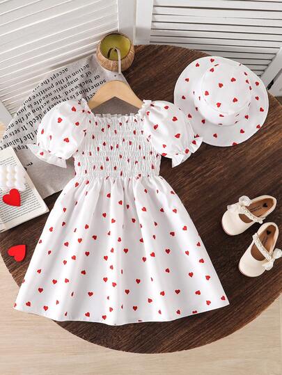 Girls' Dress Set, Summer Dress With Puff Sleeves, Square Collar Dress + Sun Hat, French Sweet Style Fitted A-Line Dress, Suitable For 4-8 Years Old, Outdoor, Casual, Party, Holiday Gift, Birthday Gift And Other Occasions