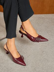 Women's Stiletto High Heels With Ankle Strap, Low Vamp Backless Slip-On Buckle Spring Shoes, Suitable For Party, Casual, Business, Work, Elegant And Comfortable Fashion Wine Red Pointed Toe Pumps - Burgundy - View 3