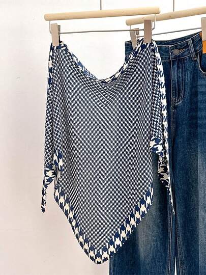 1pc Vintage Black & White Houndstooth Triangular Scarf, Multifunctional Women's Faux Cotton And Linen Feel Scarf Shawl, Suitable For Travel, Vacation, Casual, Commuting, Collar Decoration, Fashion Handbag Decoration
