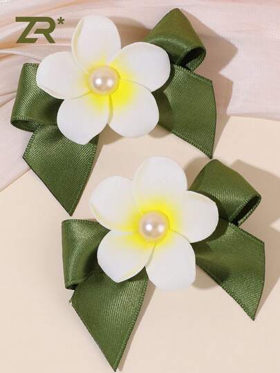 2pcs Hawaiian Plumeria Pearl Bow Hair Clips, Vacation Hawaiian Style Floral Hairpins,Exquisite Fashion Barrettes,Flower Bowknot Hair Accessories,Women Hair Accessories For Beach Vacations,Beach Activities,Summer Pool Party,Photography