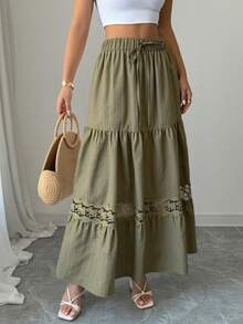 女士休闲A字法式蕾丝边抽绳腰白色长裙，适合夏季度假和春季穿着。 - 軍綠色 - 查看 3