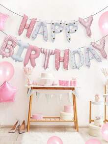 28pcs Pink Printed Birthday Set, Includes Birthday Banner, Pink Latex Balloons, Suitable For Birthday Party, Princess Birthday, Birthday Decor, Pink Bow Birthday - Pink - View 1