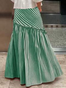 女士时尚休闲A字条纹荷叶边下摆百搭半身裙 春季 - 綠色 - 查看 2