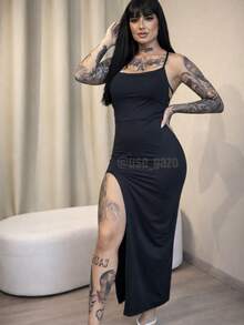 Women's Black Long Dress In Spandex With Padded Cups, Open Back, Laced Detail, And Sensual Slit. - màu đen - Xem 6
