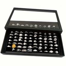 Elegant Black Plastic Desktop Ring Display Box - Spacious Dustproof Storage For Rings And Accessories, Hanging Jewelry Organizer - Black and White - View 1