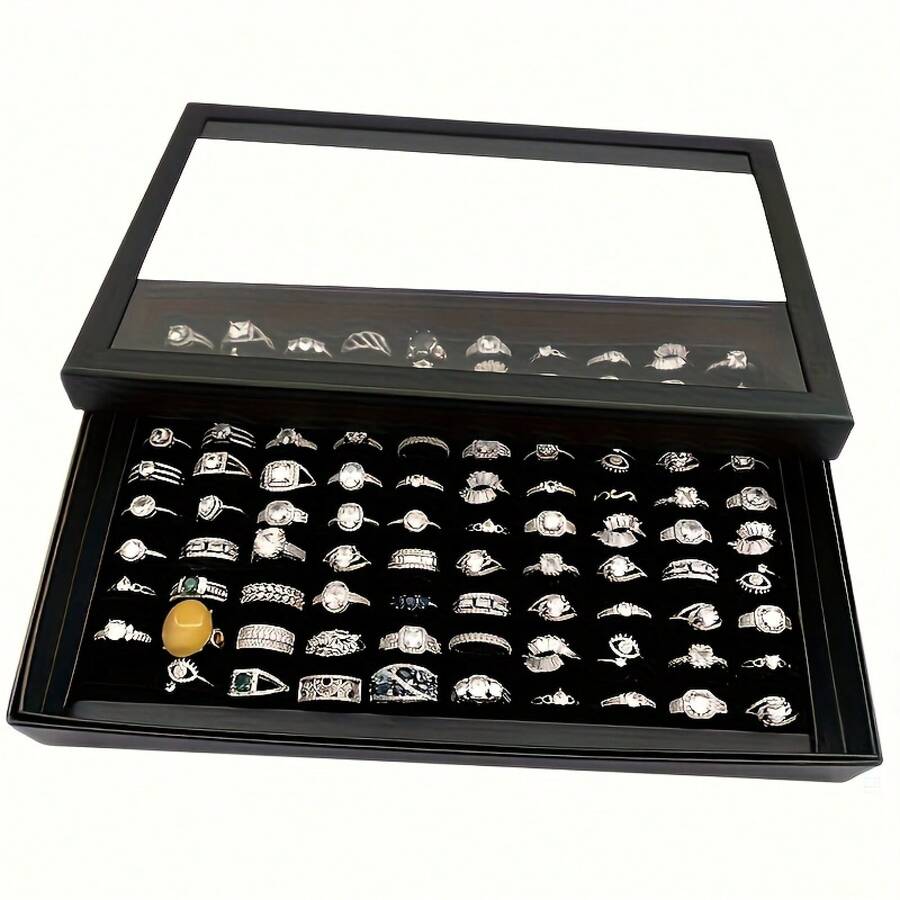 Elegant Black Plastic Desktop Ring Display Box - Spacious Dustproof Storage For Rings And Accessories, Hanging Jewelry Organizer - Black and White - View 1