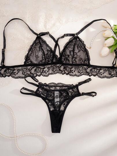 1套女士纯色蕾丝无钢圈舒适内衣套装