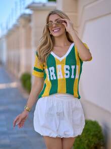 Knit Shirt, Brazil Fabric, Openwork, V-Neck, Mesh, Brazil World Cup Look. - Green and Yellow - View 9