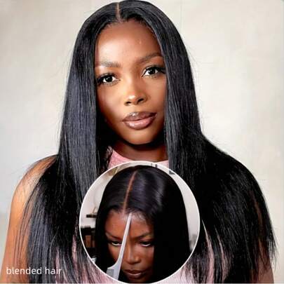 直发蕾丝前假发，真人发混纺，180%密度，13x4全前额透明高清蕾丝假发，无需胶水，28英寸长，黑色直发，女士专用，预先修剪发际线，带婴儿绒毛，弹性发带，可中分、左分、右分或自由分缝，自然黑色，8-36英寸