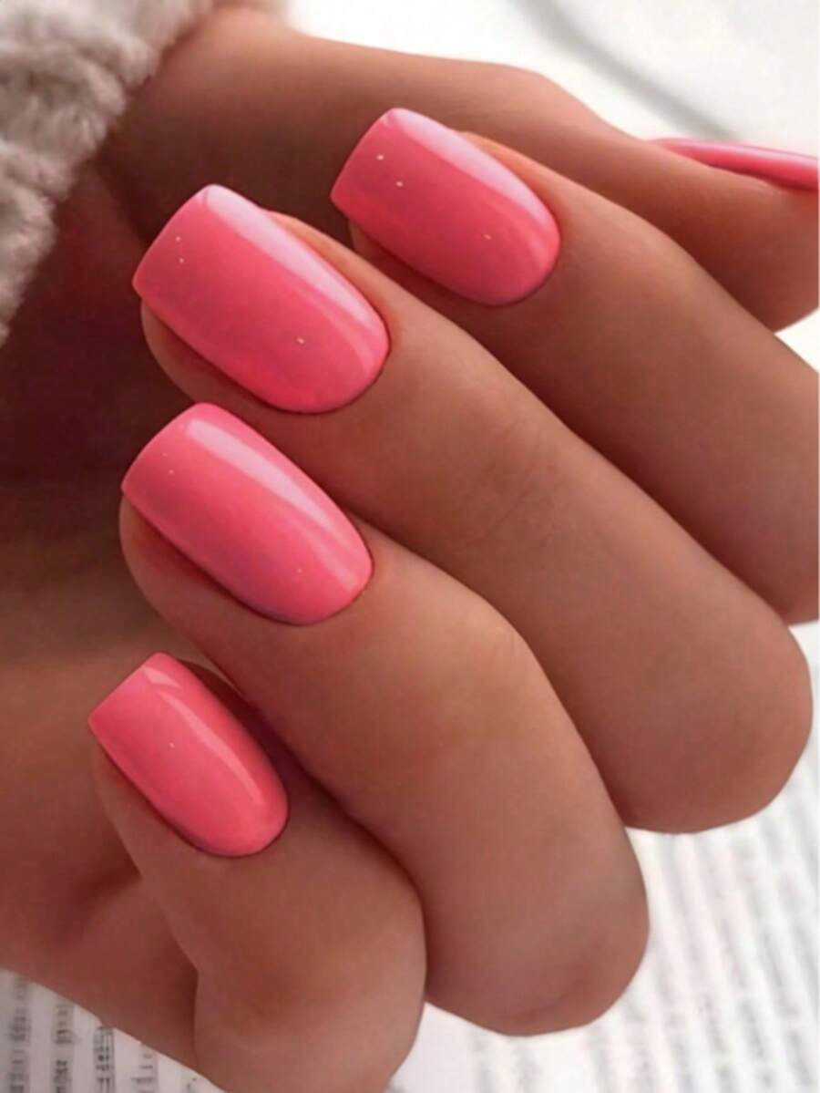 24pcs Short Square Pink Solid Color Nail Art Set, Suitable For Party, Wedding Or Daily Wear Press On Nails