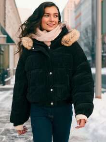 Women's Winter Puffer Jacket, Velvet, Corduroy - màu đen - Xem 2